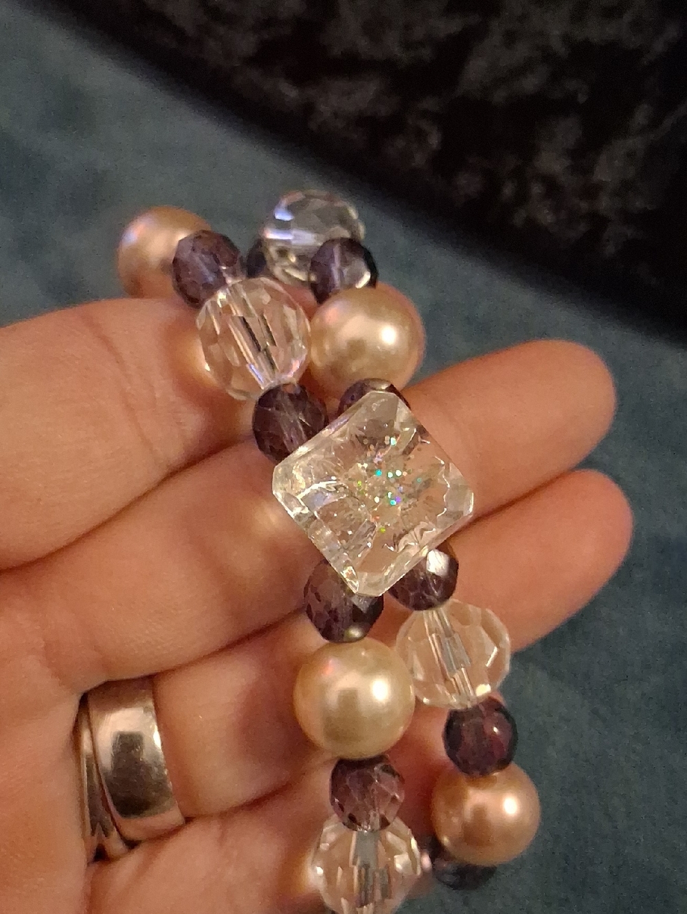 Elegant Pearl and Crystal Stretch Bracelet - Pink Pearls & Clear Crystals Sz 7.5